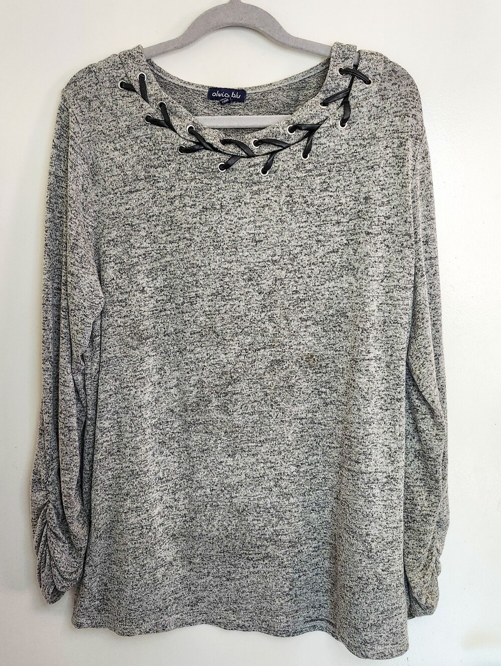 Olivia Blu Gray Lace Up Long Sleeve Top XL Ruched Sleeve Relaxed Knit Romantic